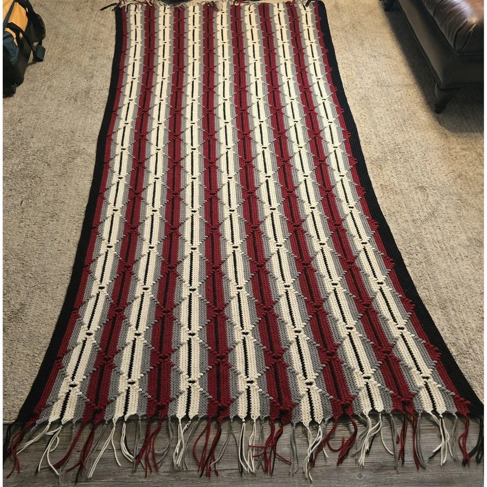 Vintage Handmade Crochet Afghan Blanket Stripes Criss Cross‎ Diamond 48x98